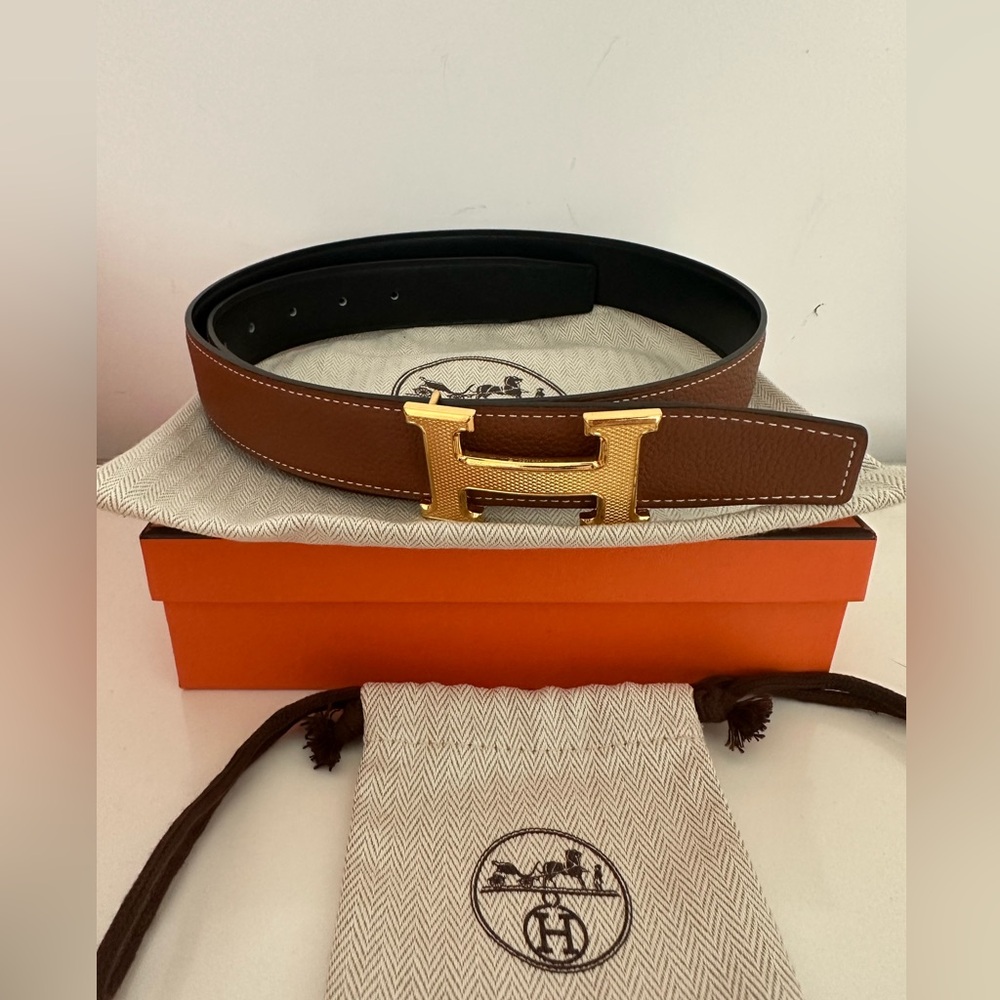 Hermes H Guillochee belt buckle & Reversible leather strap 32mm black/gold 85(M)